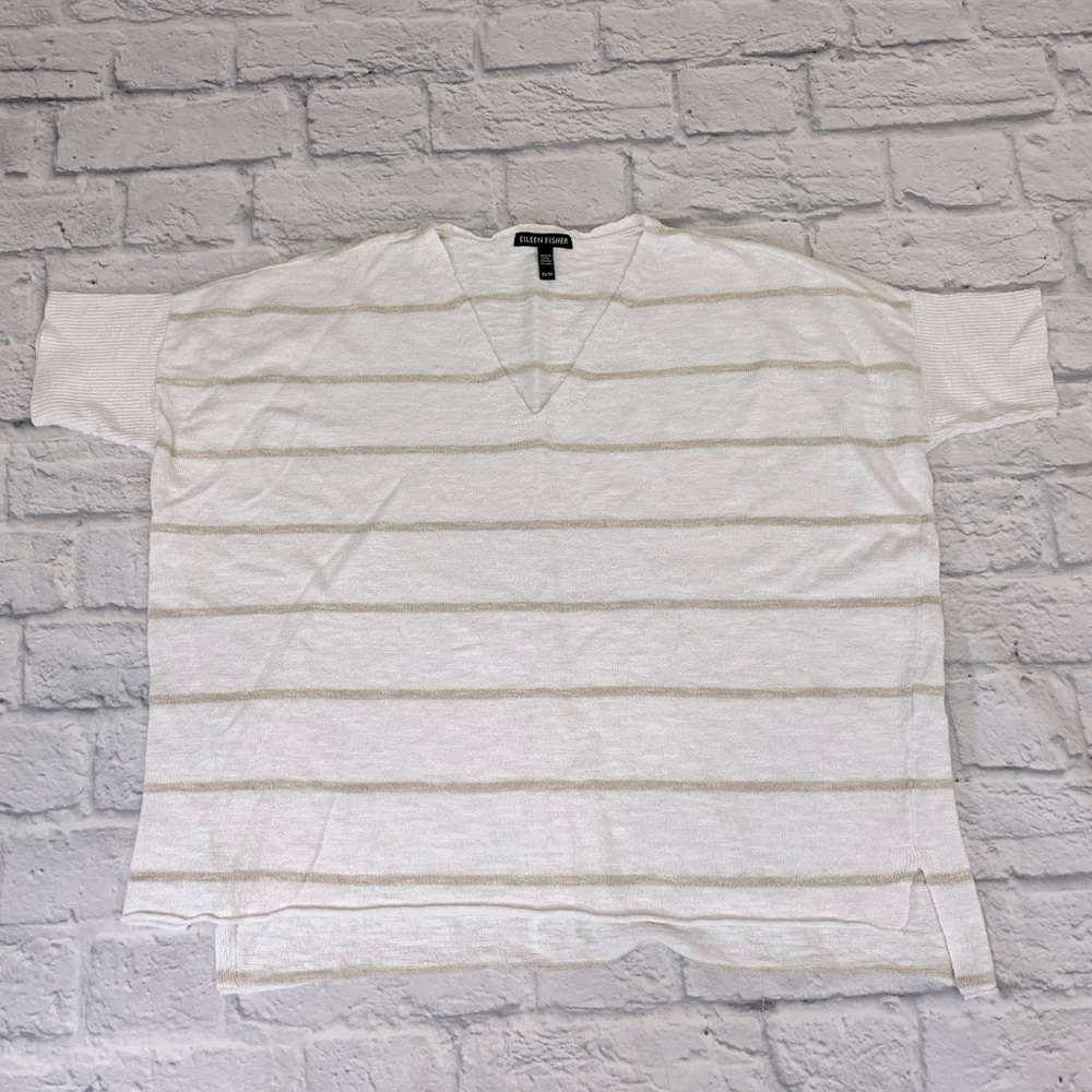 Eileen Fisher Organic Cotton shirt sleeved sweater top Size XS White/tan